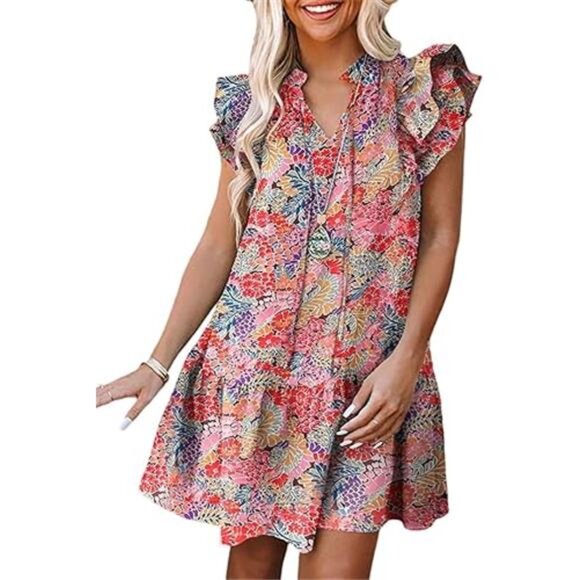 Women's Summer V-Neck Ruffle Cap Sleeve Mini Dress - Picture 4 of 5